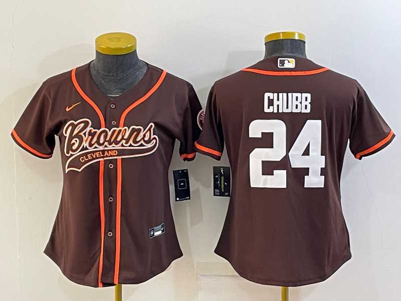 Womens Cleveland Browns #24 Nick Chubb Brown With Patch Cool Base Stitched Baseball Jersey